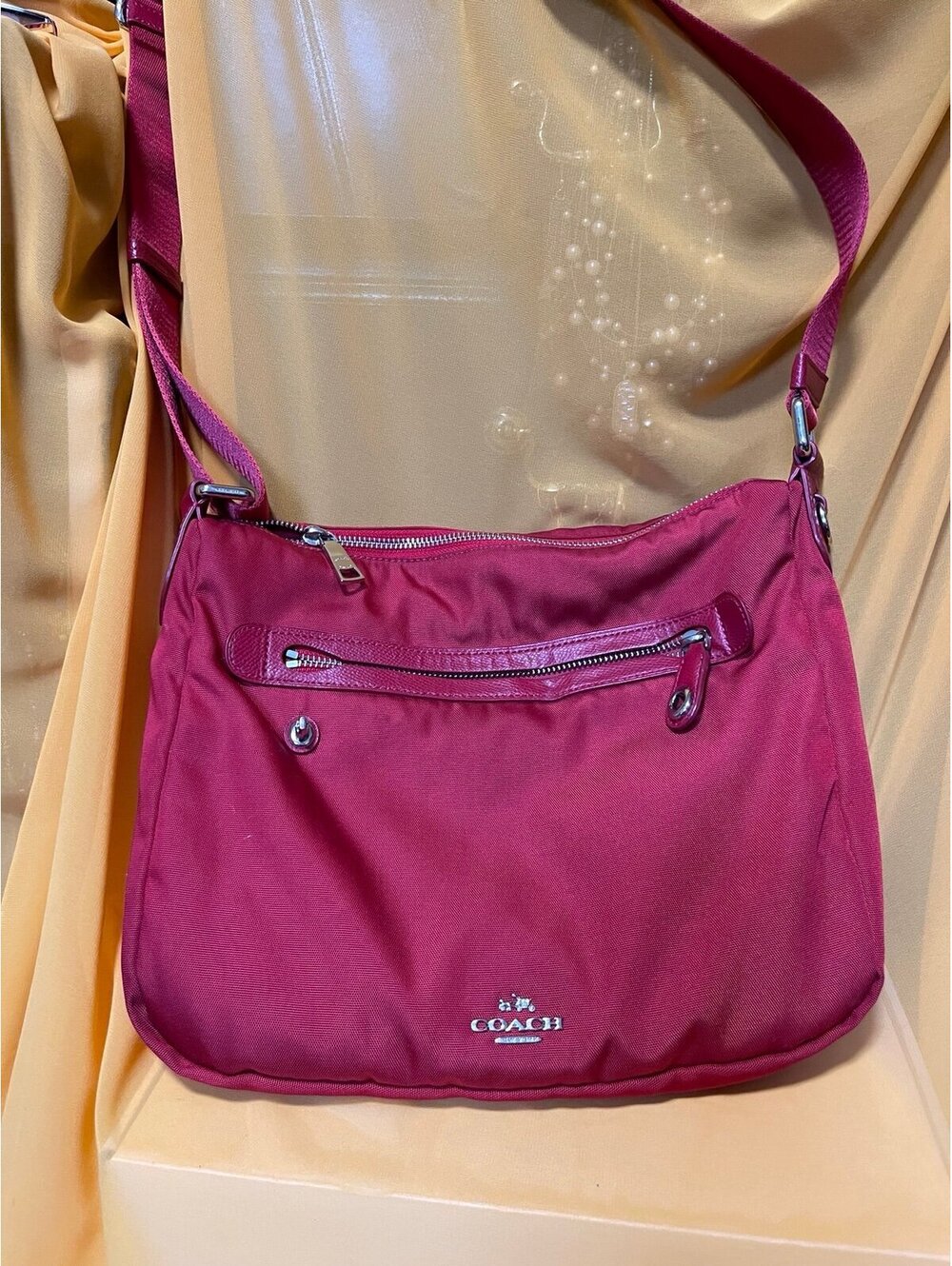 Coach Red Nylon Crossbody Bag Leather Trim Lightweight Shoulder Bag